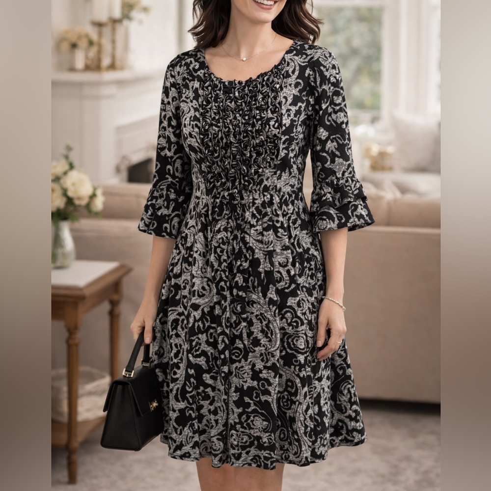 Chris McLaughlin Black & Gray Scroll Print Ruffle Front Dress | 10P Petite